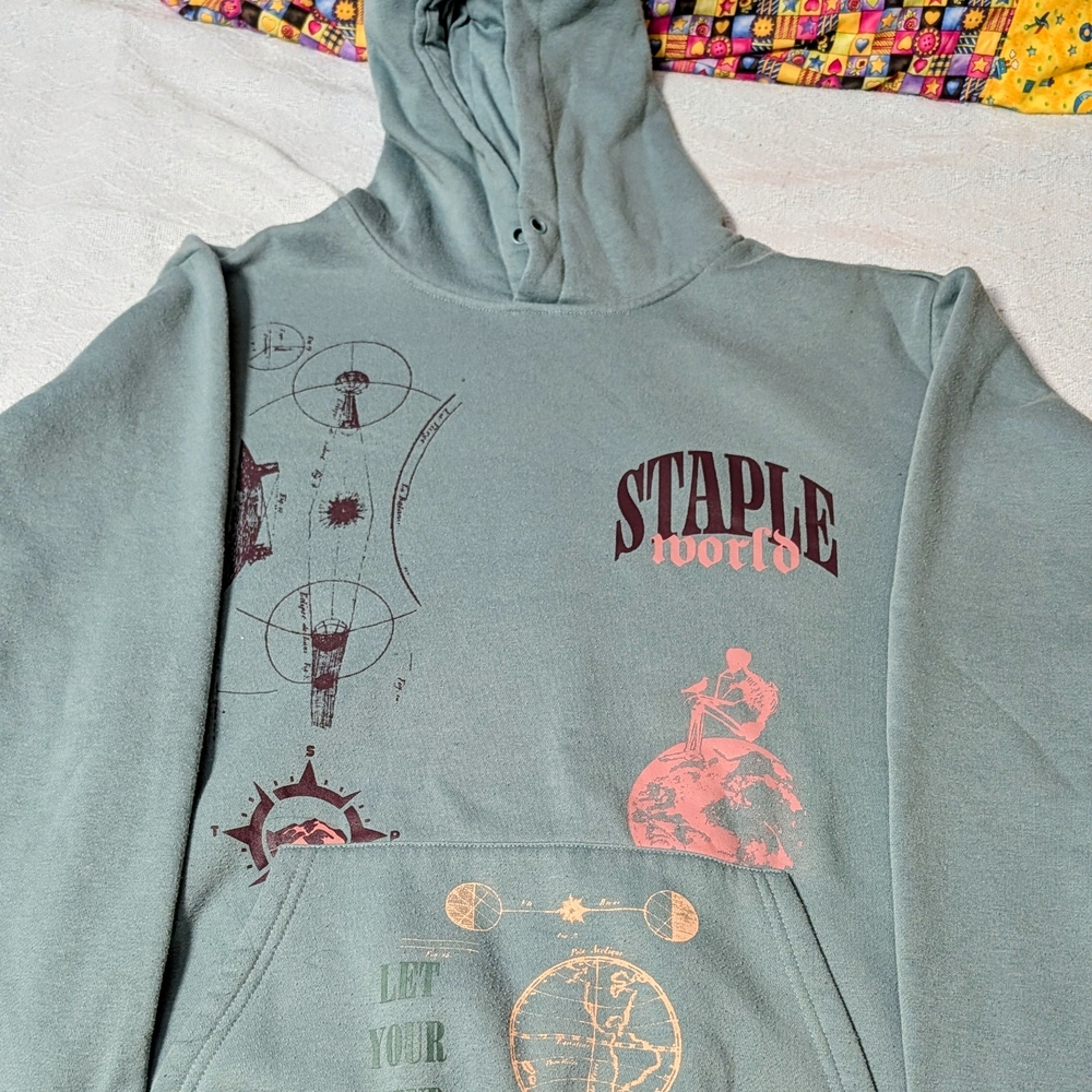 Staple Sage Green Hoodie with Pink and Maroon Graphics